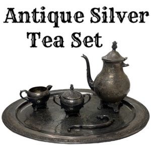 Antique Silver Tea Set Serving Tray Vintage FB Rogers Silver Co Ornate Engraved